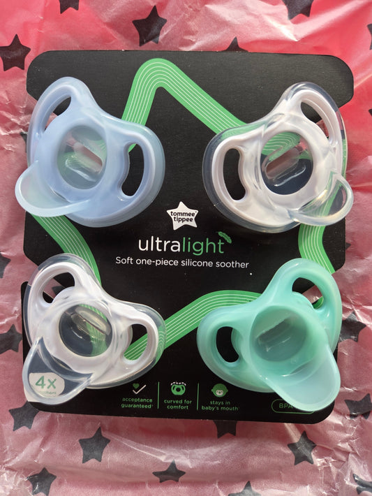 Ultra-Light Silicone Pacifier, Symmetrical One-Piece, BPA-Free, 0-6 Months, Pink/Purple/Green, 4-Pack, Tommee Tippee
