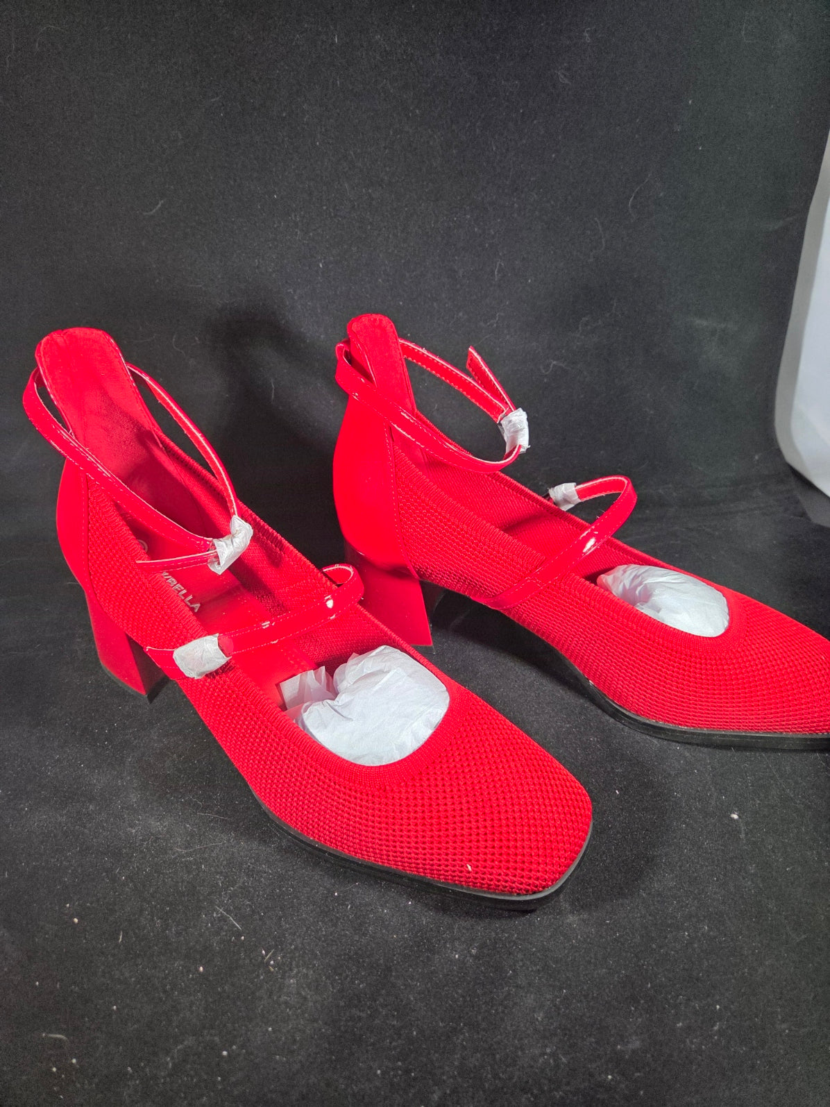Size 8.5 NEWBELLA Women's Red Knit Ankle Strap Square Toe Mary Jane Heels NIB