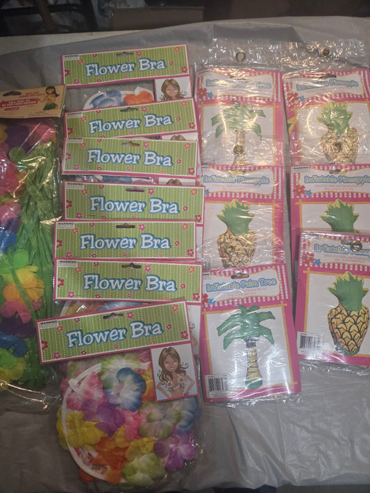 Hawaiian Luau Party Supply Lot - Hula Skirts, Inflatables, and Accessories