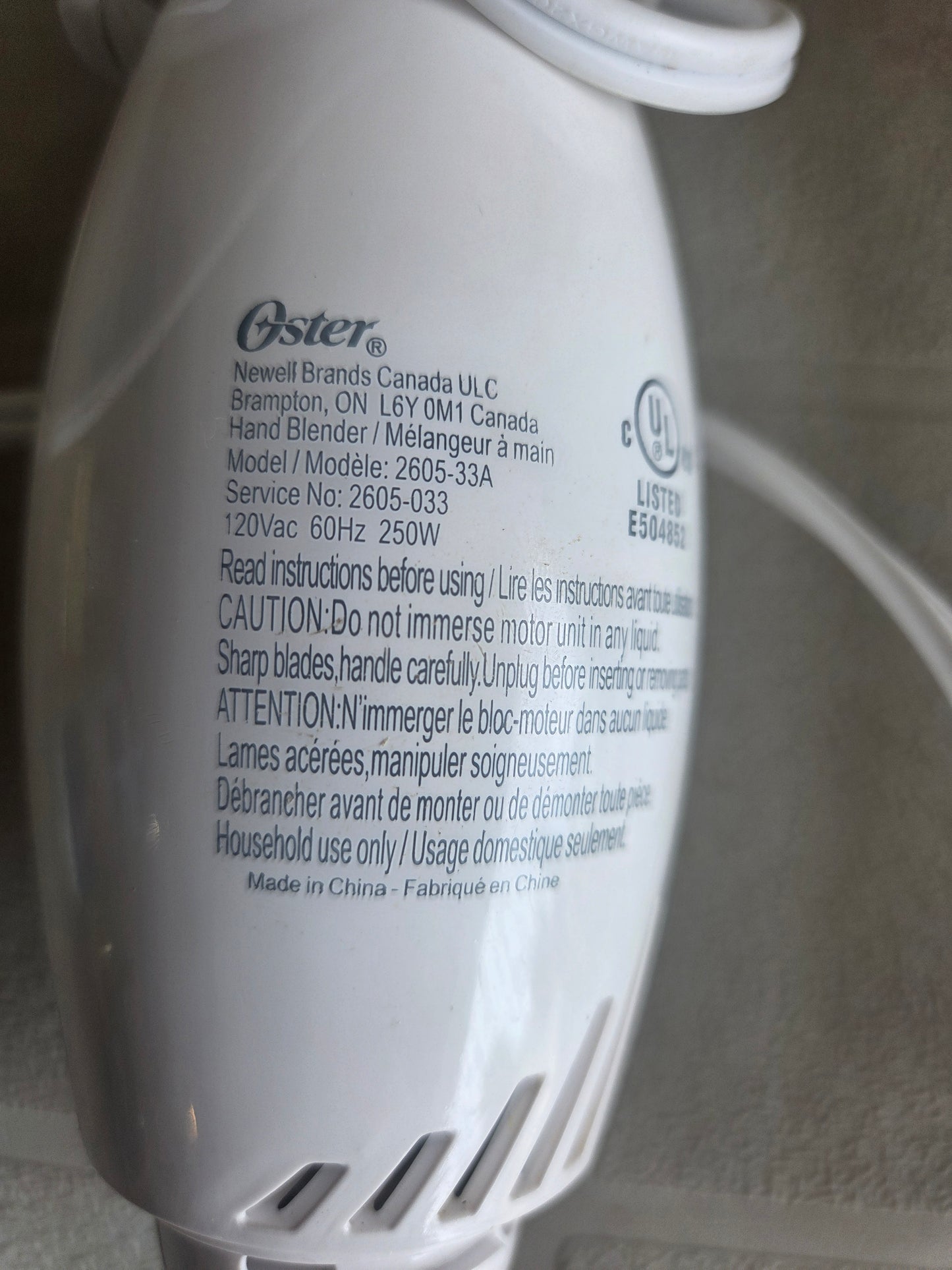Oster 250W 2 Speed Electric Immersion Hand Blender Stick Mixer 2605-33