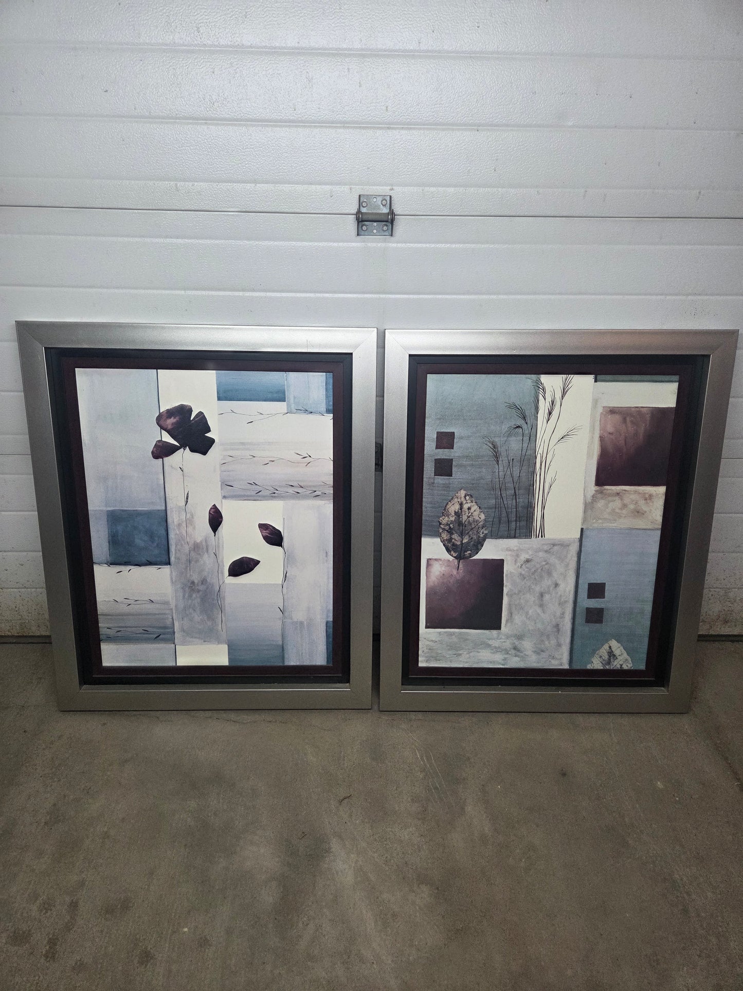 Pair Large Framed Botanical Canvas Wall Art Prints Silver Frames 29x35