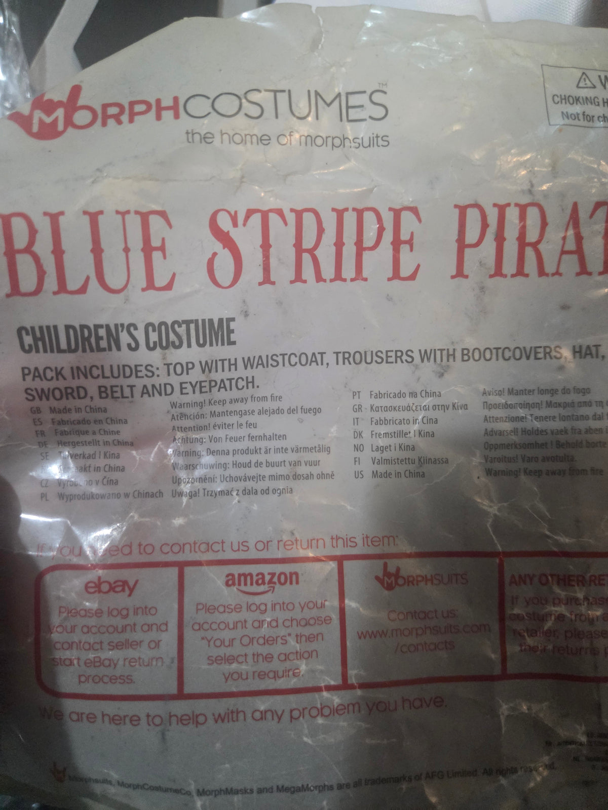 Kids Blue Stripe Pirate Costume Set Morph Costumes Size Small NIB