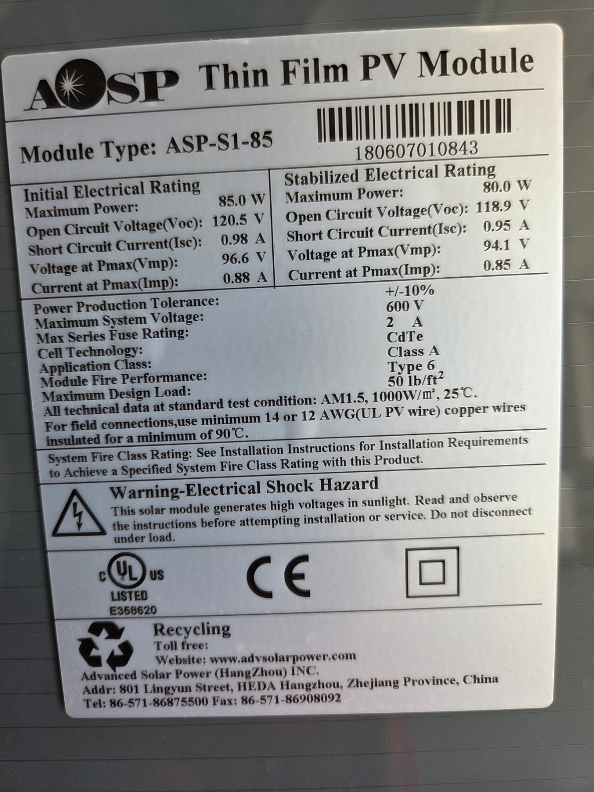 Lot of 4 ASP 85W Thin Film Solar Panels 120V High Voltage CdTe PV Modules ASP-S1-85