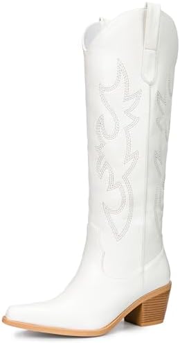 Cowboy Boots White Wide Calf Knee High Side Zip Pointed Toe Chunky Heel Western Women's Pasuot