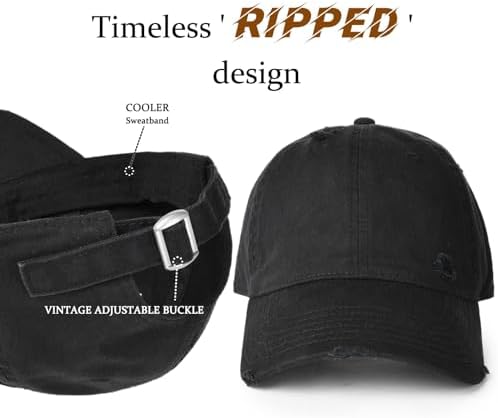 Black Vintage Distressed Baseball Cap, Ripped Low Profile Unstructured, Washed Cotton, Adjustable, FURTALK