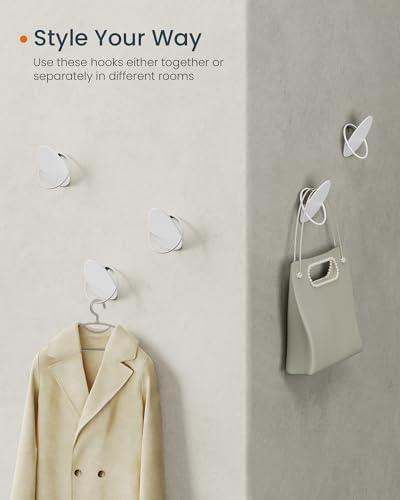 Wall Hooks for Coats & Towels, Heavy Duty 5kg, 4 Pack, Egg Design, Pearl White, SONGMICS HOME