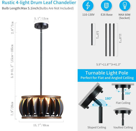 New XINGQI Modern Black Chandelier, Farmhouse 4-Light, Wood Grain, Metal, 15.7", Dining & Living