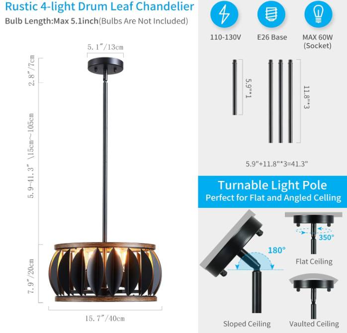 New XINGQI Modern Black Chandelier, Farmhouse 4-Light, Wood Grain, Metal, 15.7", Dining & Living