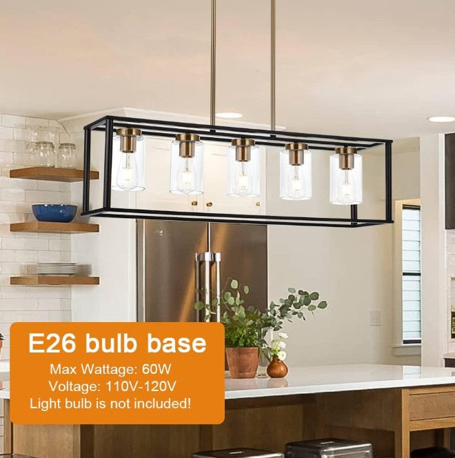 New VINLUZ Farmhouse 5-Light Chandelier, Black/Brass, Clear Glass, for Kitchen Island & Dining Room