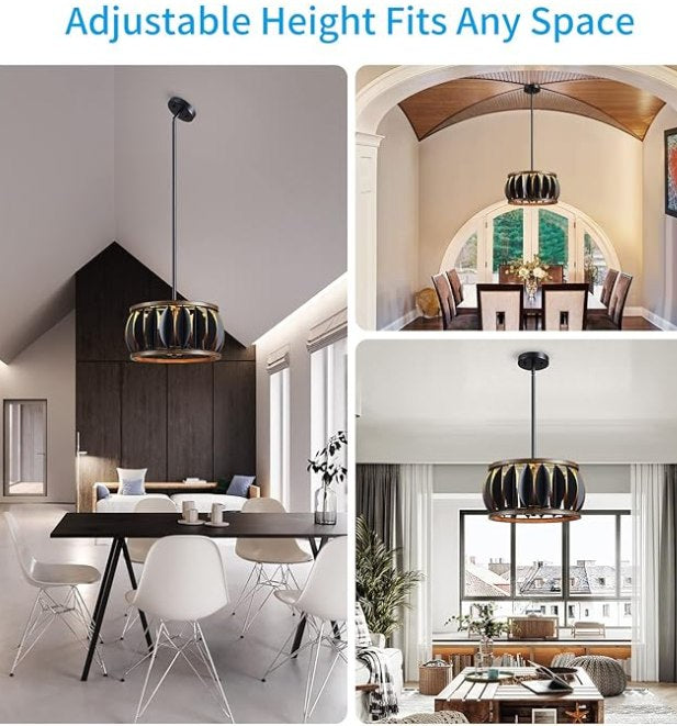 New XINGQI Modern Black Chandelier, Farmhouse 4-Light, Wood Grain, Metal, 15.7", Dining & Living