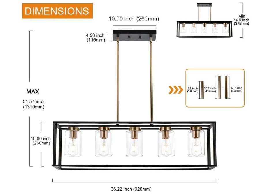 New VINLUZ Farmhouse 5-Light Chandelier, Black/Brass, Clear Glass, for Kitchen Island & Dining Room
