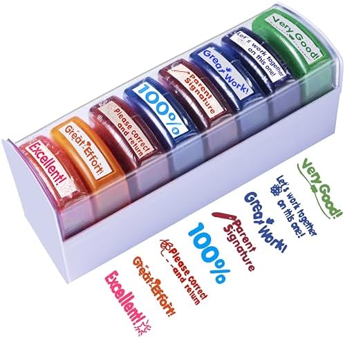 Teacher Stamps for Classroom 8PCS – Self Inking Stamps for Teachers (Imprint: 1.9 x 0.8”) with Different Messages – Excellent School & Office Supplies – Comes with Bonus Storage Tray