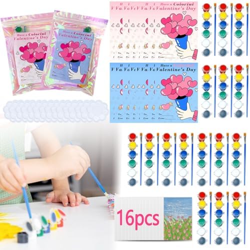 Mini Watercolor Paint Set, Valentine Exchange Gift Cards for Kids, Classroom Party Favors, 16pcs, Atumotu