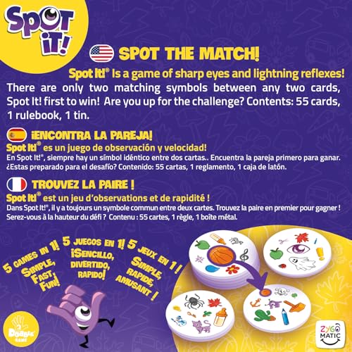 Spot It! Classic : Bilingual FR/EN, 2-8 Players, Ages 6+