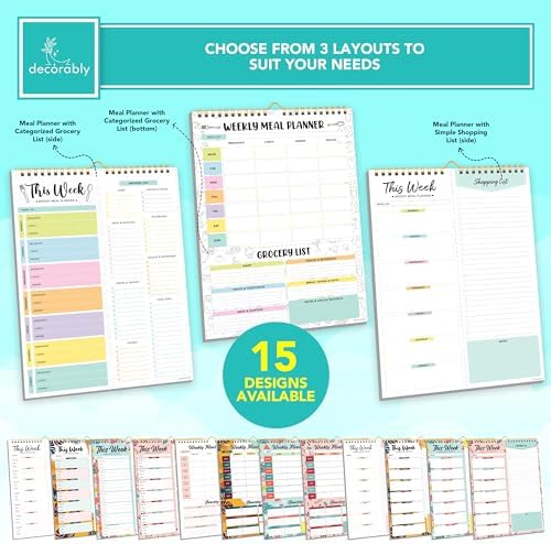 Weekly Meal Planner, 52-Sheet Undated Pastel Magnetic Fridge 8.5x11in Spring-Bound, Decorably