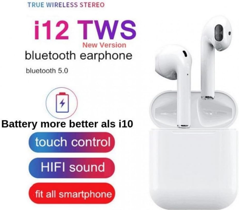 TWS True Wireless Stereo i12 Earbuds, White, Auto Pairing, Auto Power On, Touch Control