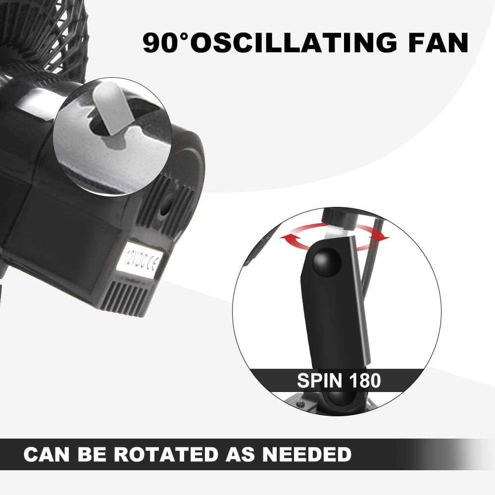 6" Portable 12V Oscillating Clip Fan, 360° Cooling, Cigarette Lighter Plug, Truck/RV/Car, 5FT