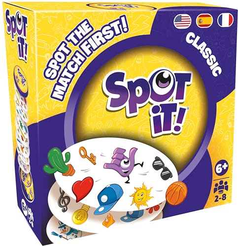Spot It! Classic Reflex Observation Speed Game, Bilingual FR/EN, Ages 6+, 2-8P, <15 Min, Eco-Box, Asmodee