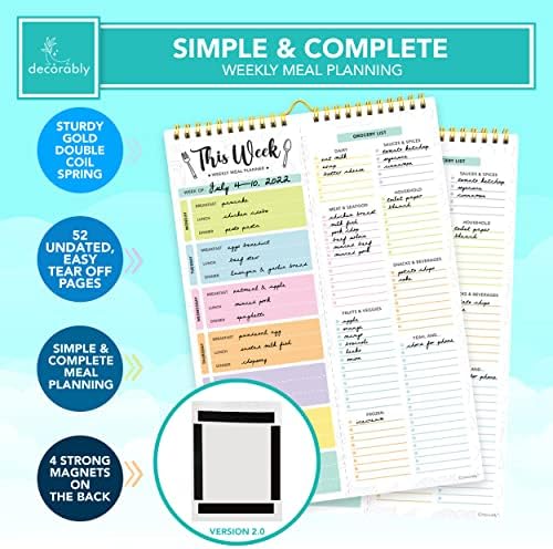 Weekly Meal Planner, 52-Sheet Undated Pastel Magnetic Fridge 8.5x11in Spring-Bound, Decorably