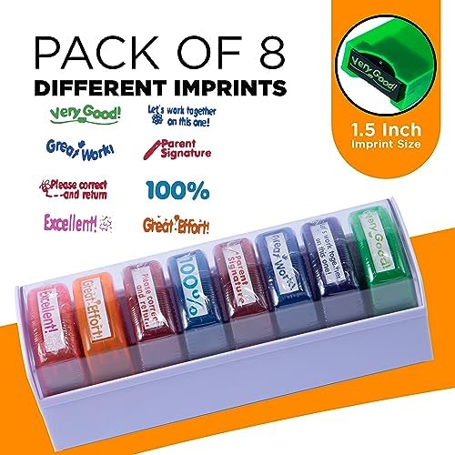 Teacher Stamps for Classroom 8PCS – Self Inking, Teachers (Imprint: 1.9 x 0.8”) Storage Tray