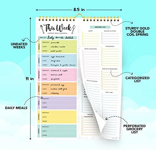 Weekly Meal Planner, 52-Sheet Undated Pastel Magnetic Fridge 8.5x11in Spring-Bound, Decorably