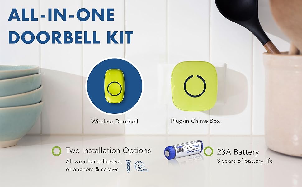 SadoTech Wireless Doorbell, Model CX, 2 Push Buttons, Waterproof, 4 Volume Settings, Gray