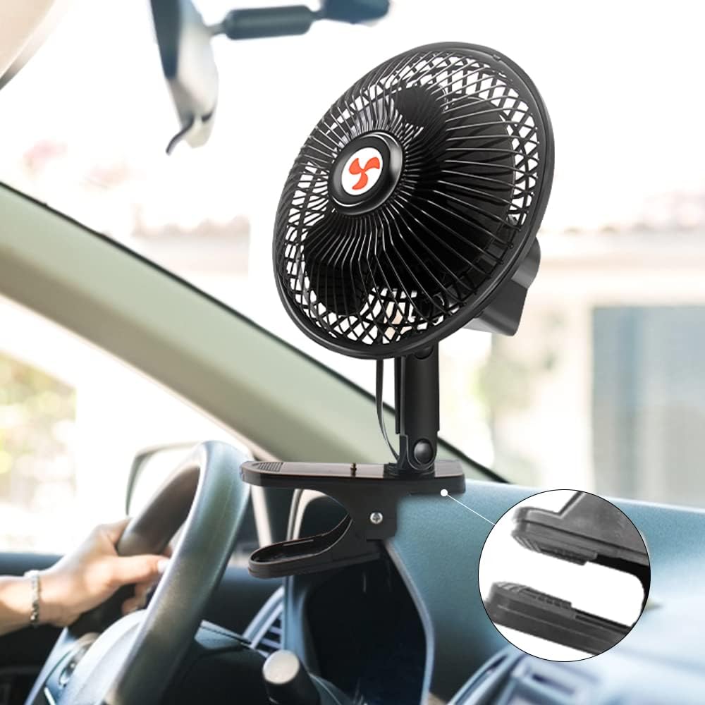 6" Portable 12V Oscillating Clip Fan, 360° Cooling, Cigarette Lighter Plug, Truck/RV/Car, 5FT