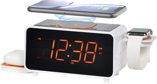 Dual Wireless Charging Alarm Clock, Bluetooth Speaker, FM Radio, USB Ports, Dual Alarms, Snooze