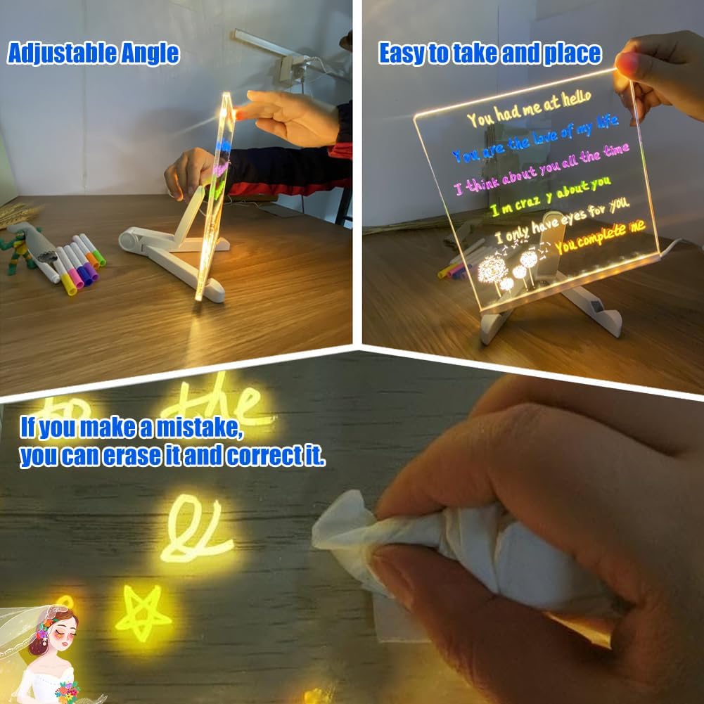 LED Note Board with Colors, Acrylic Light up Message Board, Angle Adjustable Stand, 11.8 X 7.9in