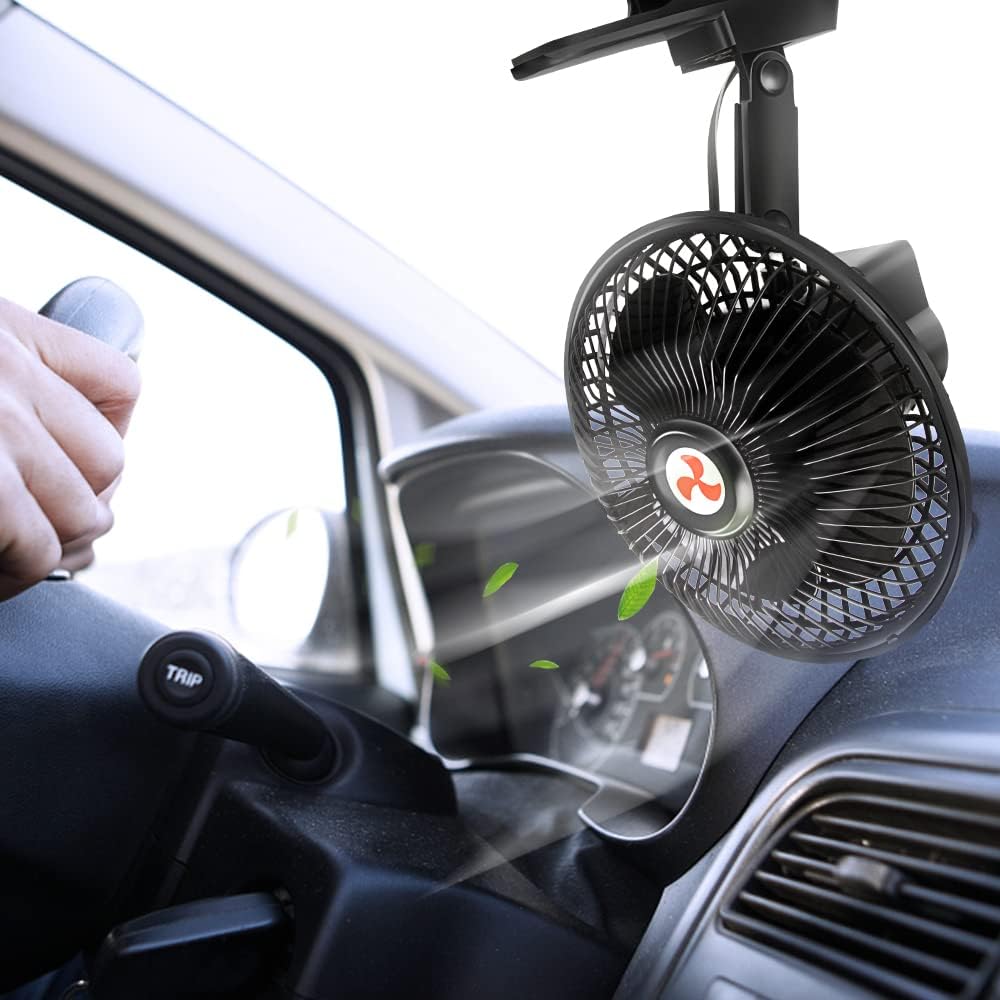 6" Portable 12V Oscillating Clip Fan, 360° Cooling, Cigarette Lighter Plug, Truck/RV/Car, 5FT