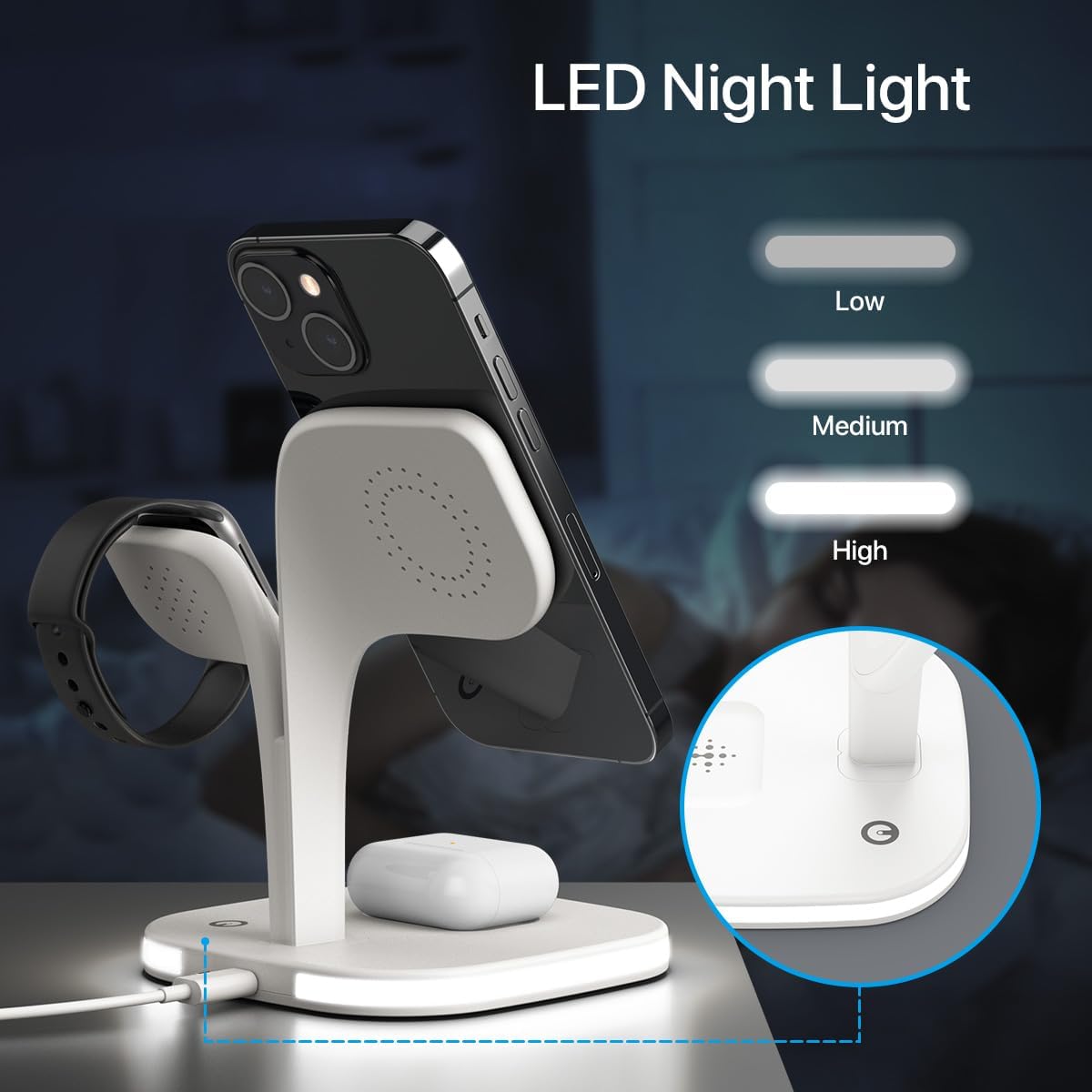 New - White Wireless Charging Station for Magsafe, Multi-Device, Iphone 15/14/13/12, Watch, AirPods