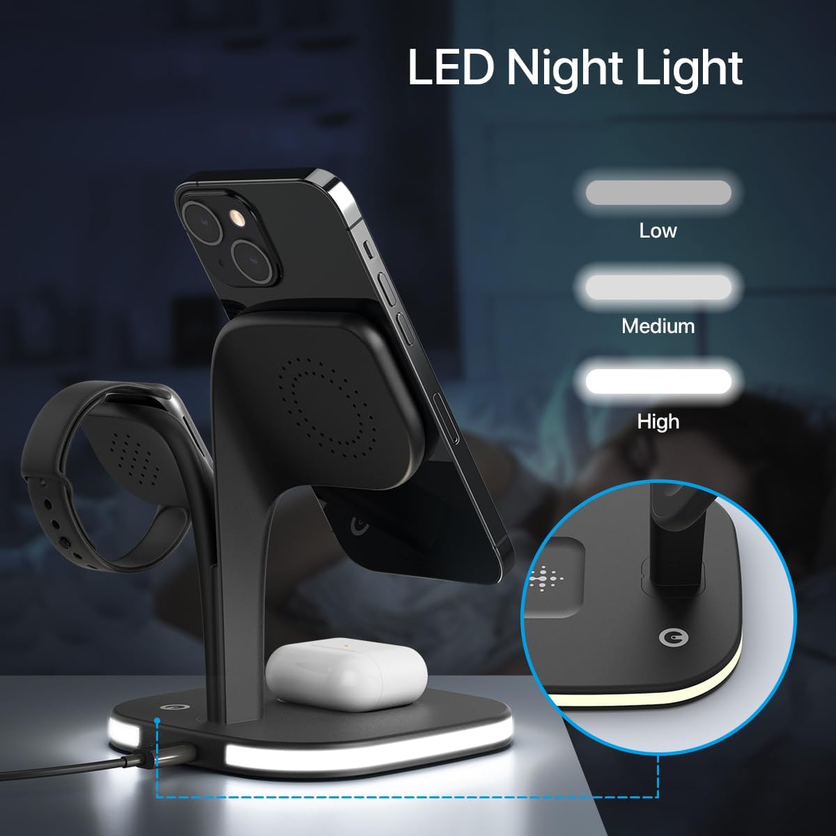 New - Black Wireless Charging Station for Magsafe, Multi-Device, Iphone 16/15/14/13/12, Apple Watch, AirPods