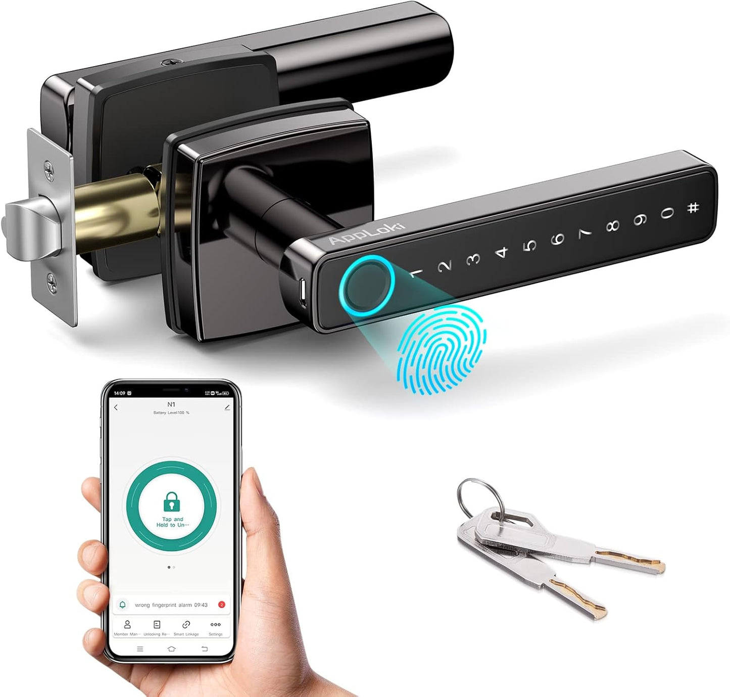 Fingerprint Door Lock, Keyless Entry, Bluetooth, Touchscreen, App Control, Apploki - New