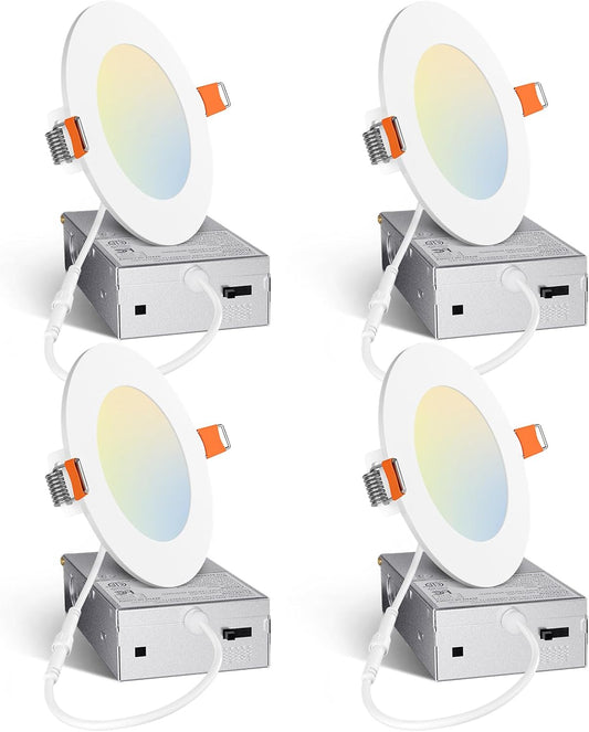 4 Pack 4 Inch Ultra-Thin LED Recessed Light with Junction Box, 2.7k-5k, 700LM, Dimmable, Amico