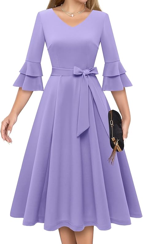 Size L V-Neck Cocktail Dress, Ruffle Bell Sleeves, Formal Modest Dress, DRESSTELLS