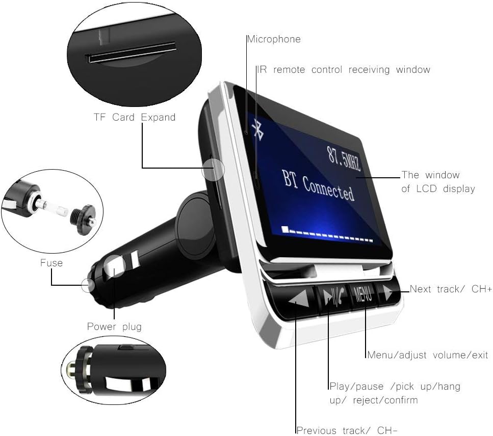 Bluetooth FM Transmitter for Car, Wireless Radio Adapter, Music Receiver, USB Charger, Silver