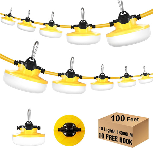 LED Construction String Lights, 100FT, 16000Lm, Industrial Grade, 10 Bulbs, 5000K, JC-LGL