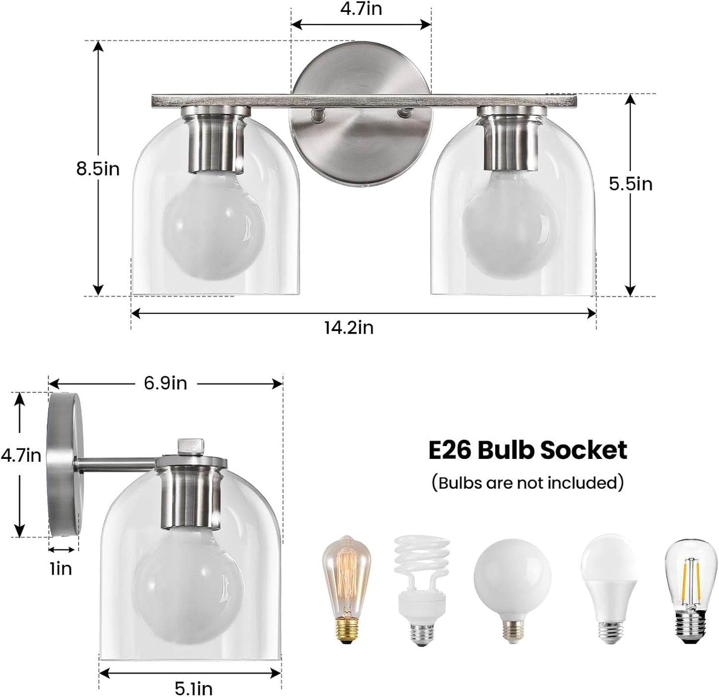 Modern 2-Light Vanity Sconce, Clear Glass Shade, Wall Mount, Brushed Nickel, 14.2 Inch, WOSHITU