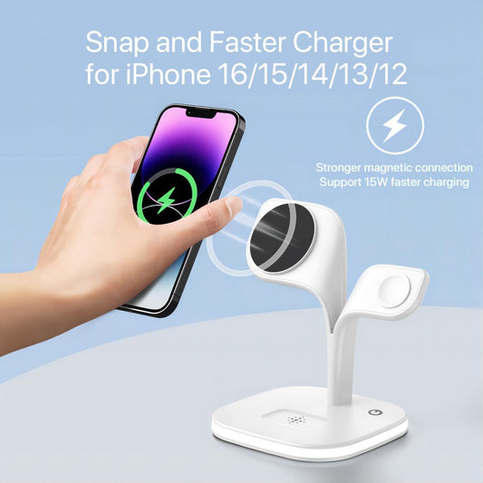 New - White Wireless Charging Station for Magsafe, Multi-Device, Iphne 15/14/13/12, Watch, AirPds