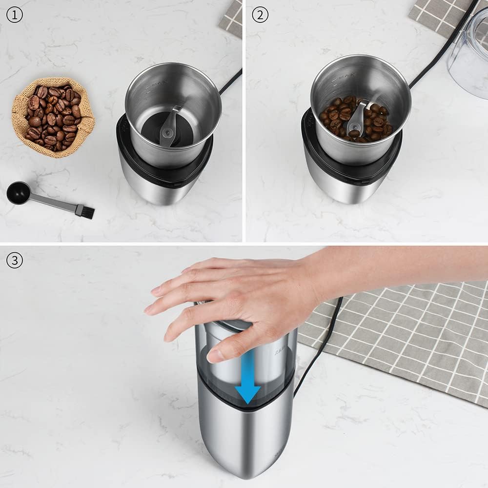 Electric Coffee Bean & Spice Grinder with Removable Bowl, Stainless Steel Blade, Silver, SHARDOR