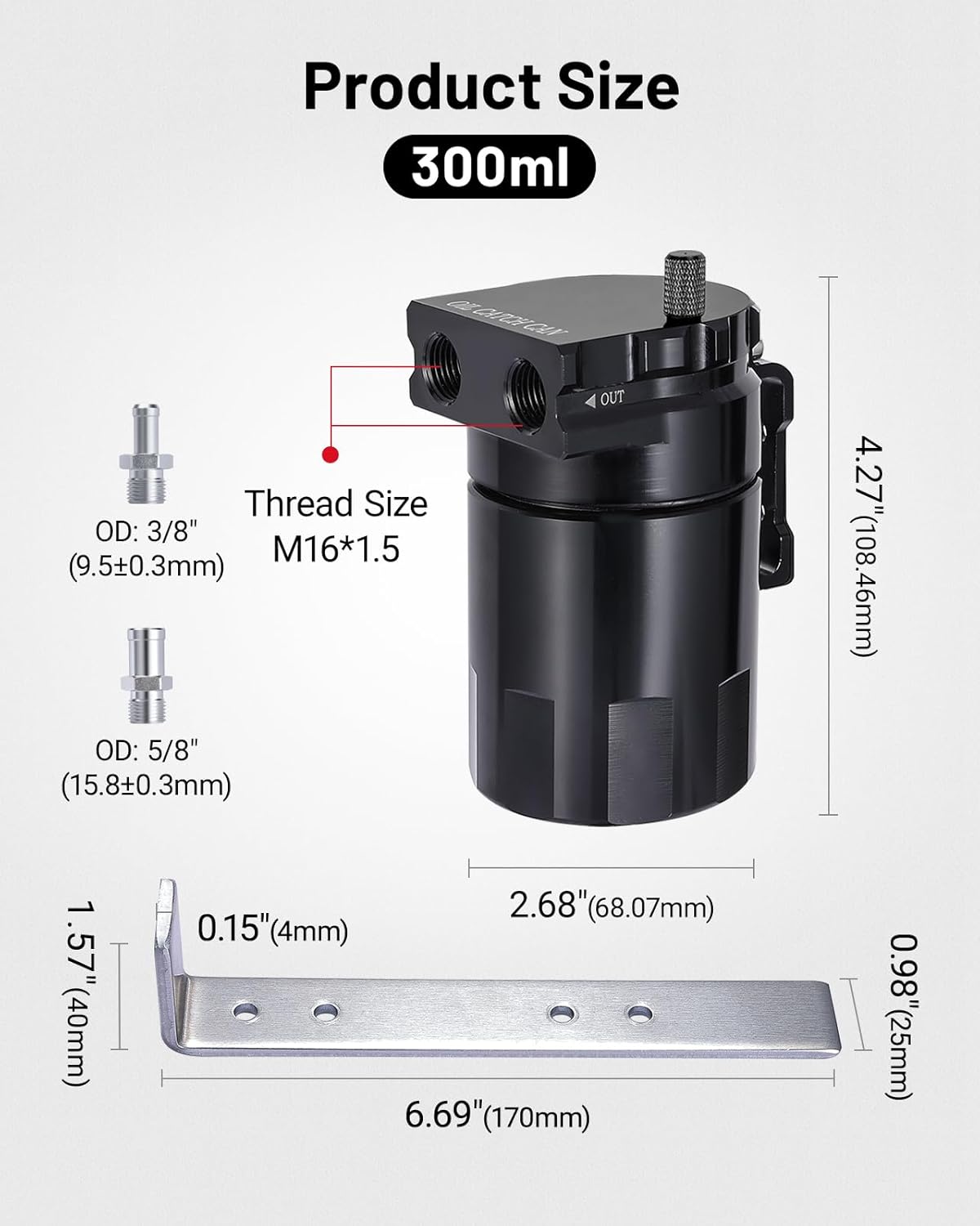 Universal 300ml Baffled Oil Catch Can, Aluminum Oil Separator, Black, EVIL ENERGY