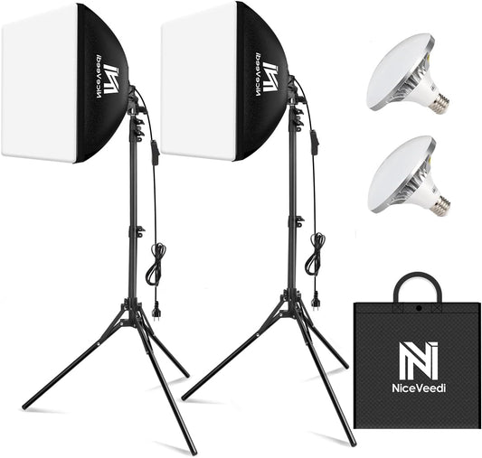 Continuous Lighting Softbox Kit, 2-Pack, 16x16", 63” Tripod, 5400K 450W LED Bulb, NiceVeedi