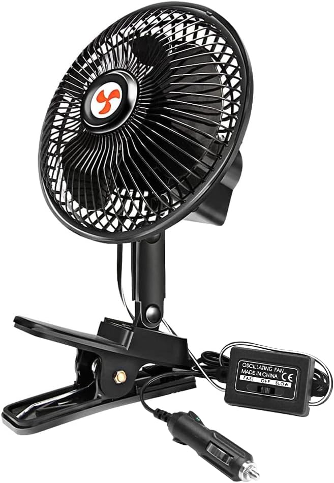 6" Portable 12V Oscillating Clip Fan, 360° Cooling, Cigarette Lighter Plug, Truck/RV/Car, 5FT