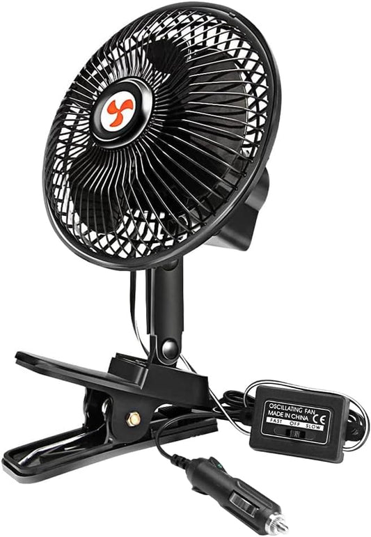 6" Portable 12V Oscillating Clip Fan, 360° Cooling, Cigarette Lighter Plug, Truck/RV/Car, 5FT