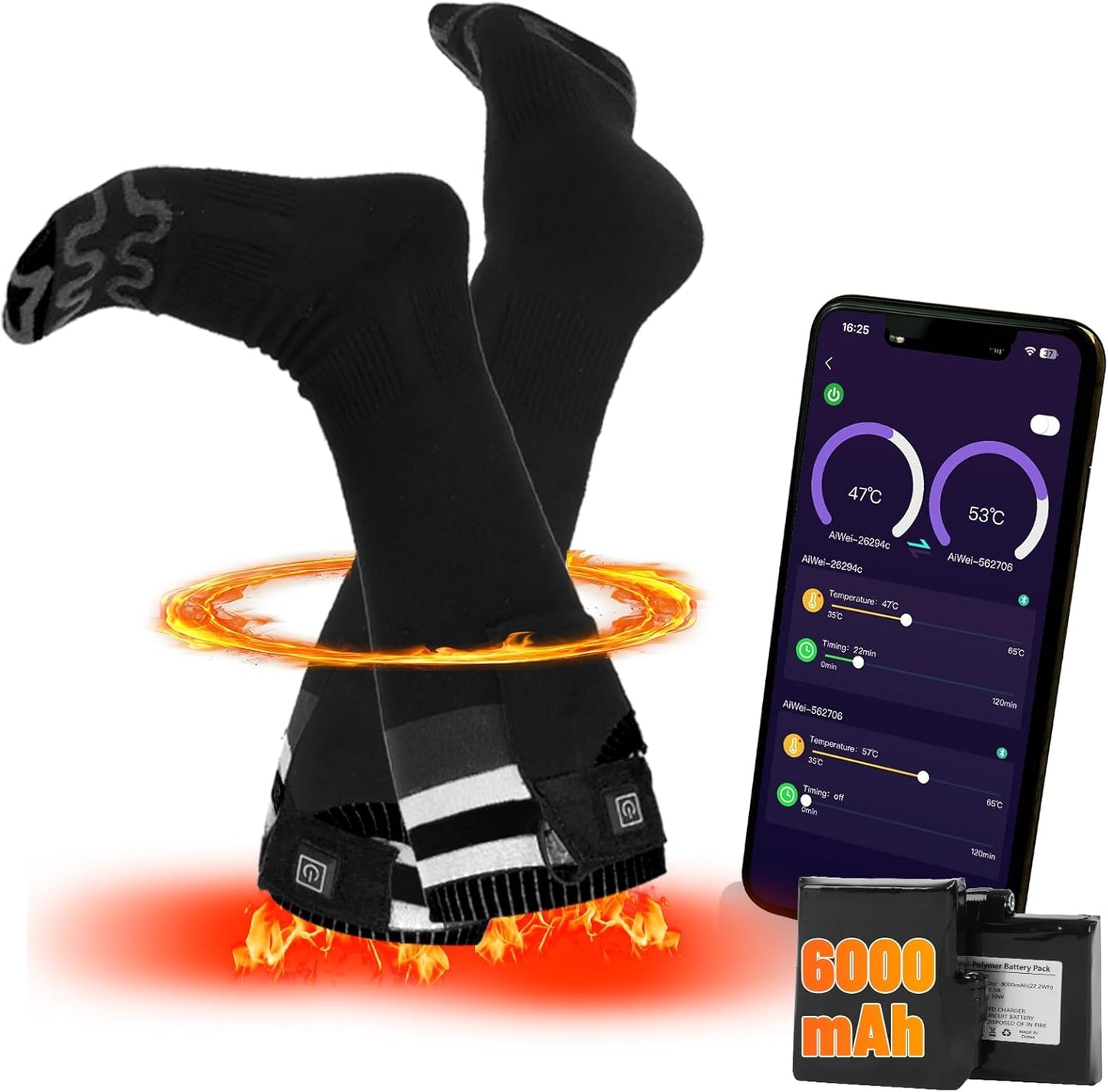 New Heated Socks, APP Control, 3000mAh, 17H Heating, 5-Level Temp, Black M, Aotomee