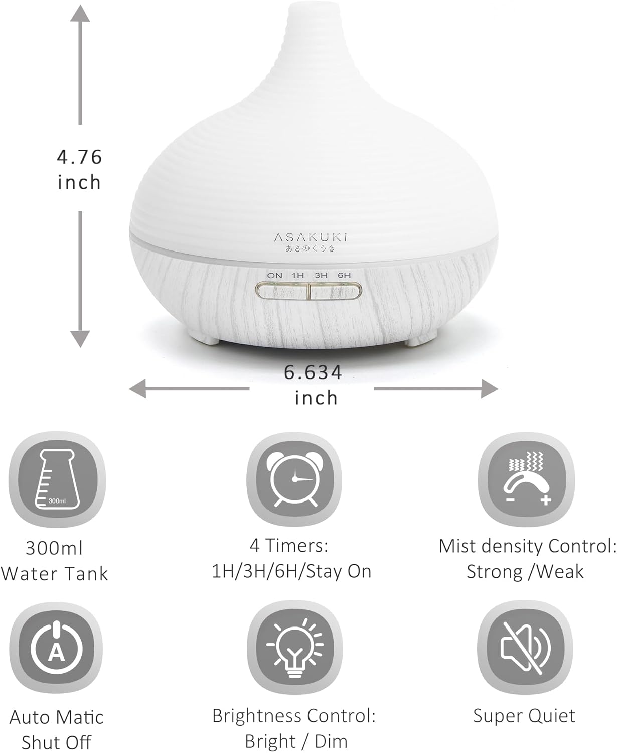 300ML Wood Grain Essential Oil Diffuser, 5-in-1 Humidifier, 14 Color LED, White, ASAKUKI