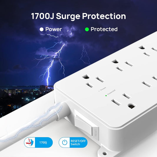 Surge Protector Power Bar, 7 Widely Spaced Outlets, USB C, 15ft Flat Cord, Wall Mount, White, TROND