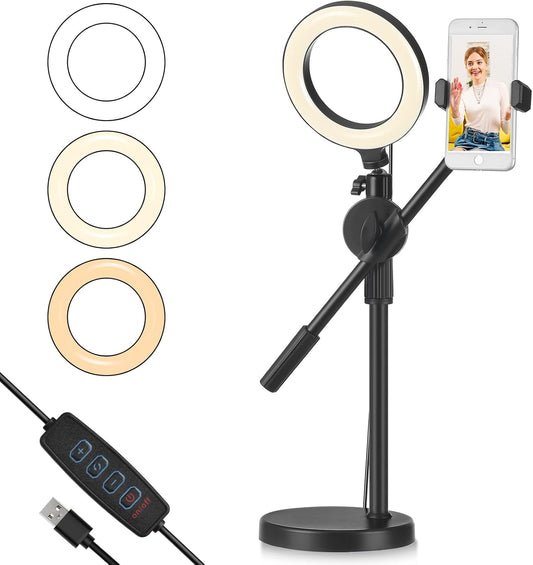 Live Streaming Phone Stand w/ 6" Ring Light, Adjustable Height & Angle, 2 Modes, Hivexagon