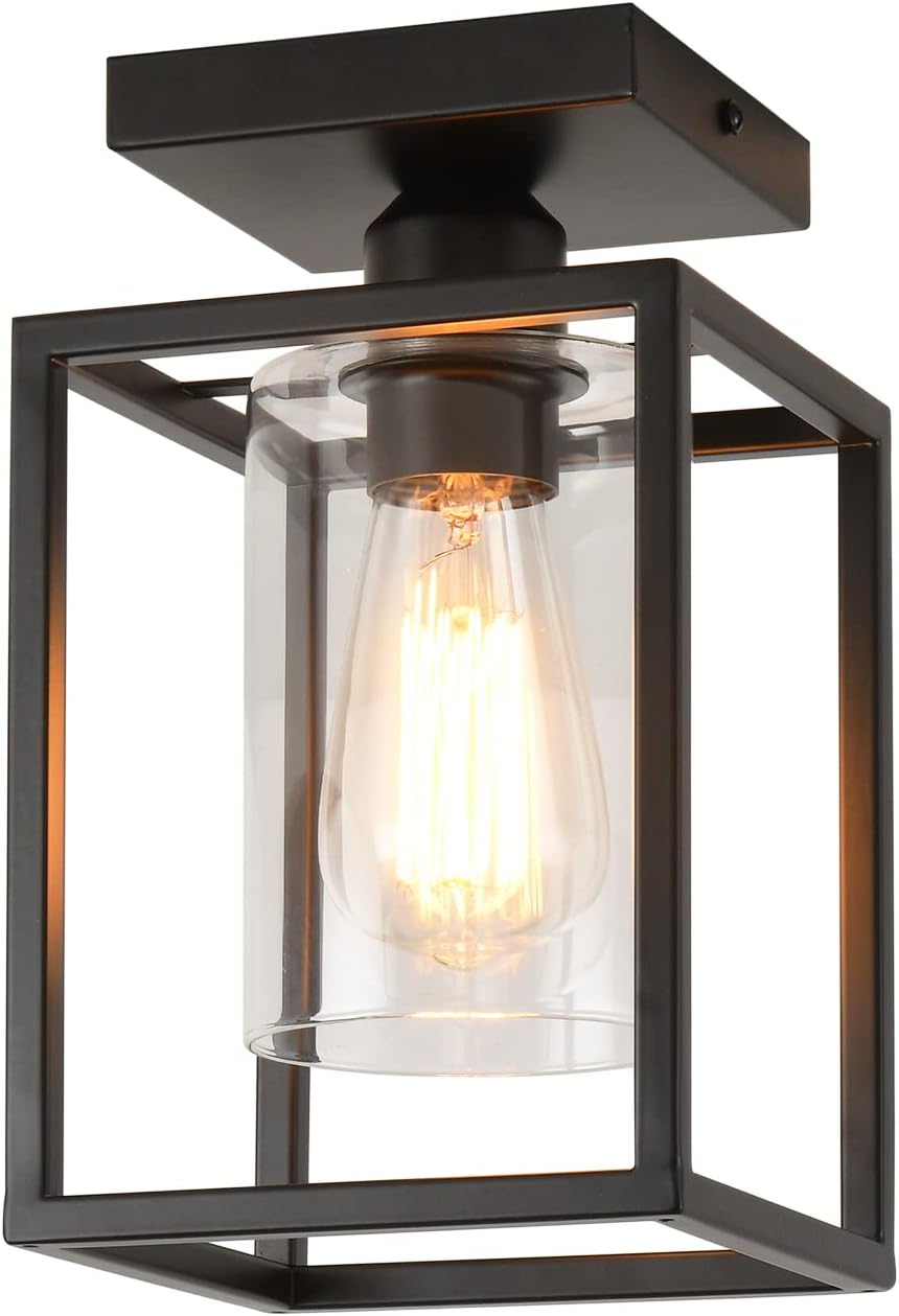 Farmhouse Semi Flush Mount Ceiling Light with Black Metal Frame & Clear Glass Shade, IHENGYANLT
