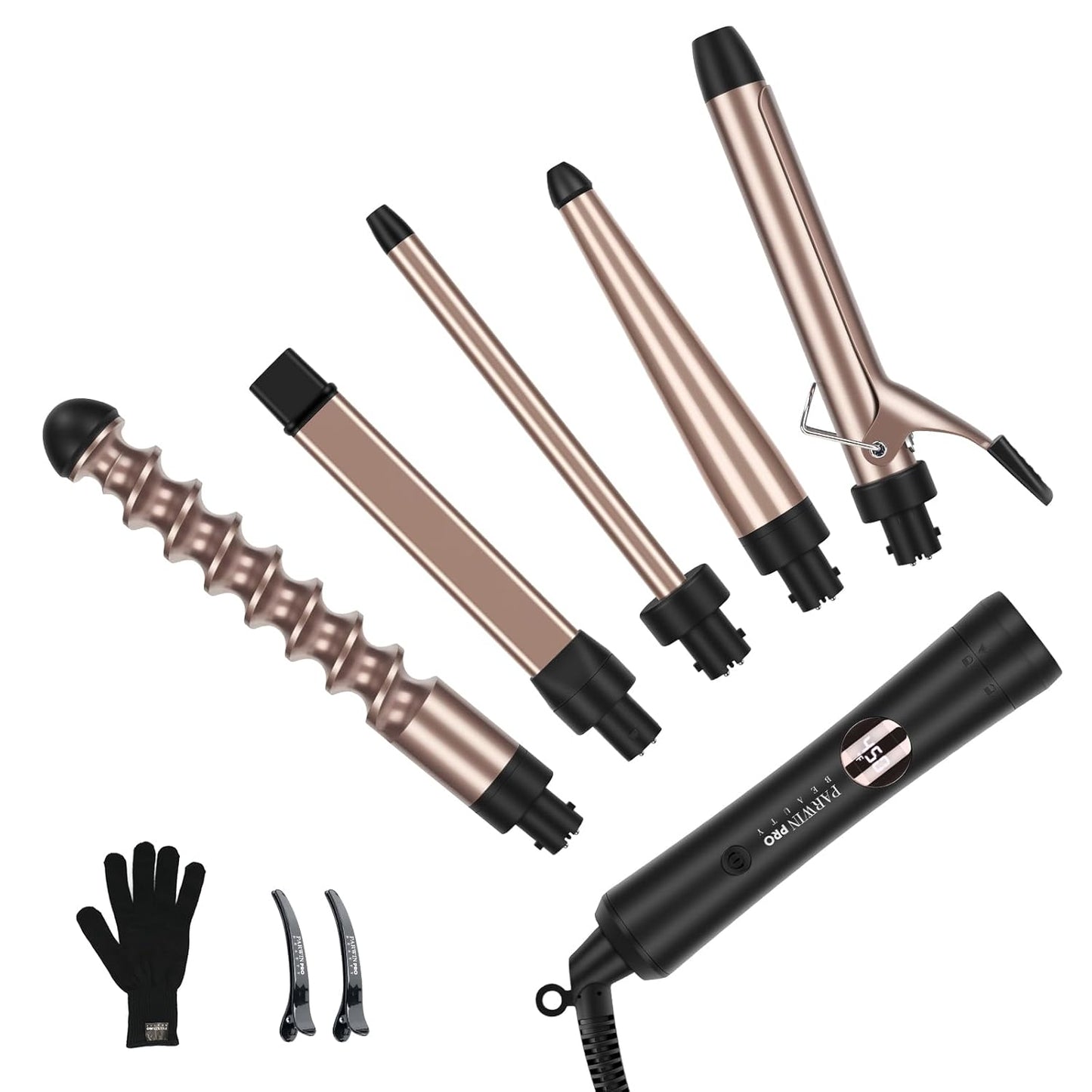 5-in-1 Interchangeable Curling Iron & Wand Set with Ceramic Tourmaline Barrels, PARWIN PRO BEAUTY